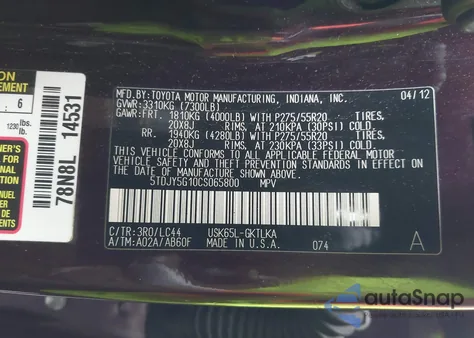 2012 Toyota Sequoia Limited 5.7L V8 from USA, damaged, VIN 5TDJY5G10CS065800